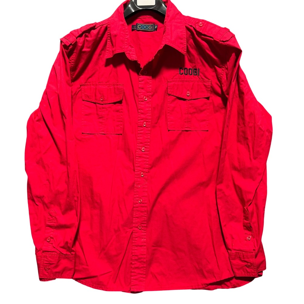 COOGI Shirt 2XL Mens Red Spell Out Flap Double Pockets‎ Work Button Up